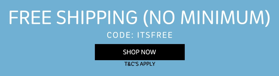 Blue promotional banner with white text reading 'FREE SHIPPING (NO MINIMUM)' and 'CODE: ITSFREE', a black 'SHOP NOW' button, and 'T&C'S APPLY' below.