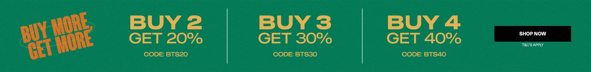 A promotional banner with a dark green background and four vertical panels offering buy amounts 2 through 4 with discount codes and a black 'SHOP NOW' button on the right.
