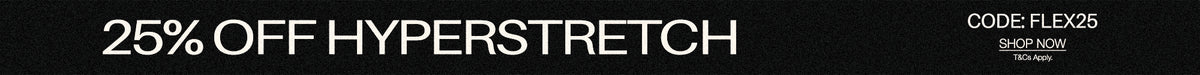 A promotional banner with a black background featuring white text that reads '25% OFF HYPERSTRETCH' on the left and 'CODE: FLEX25' with 'SHOP NOW' on the right.