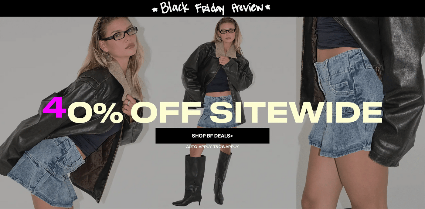 Promotional banner for a 40% off sitewide sale with a person wearing a black jacket and denim shorts.