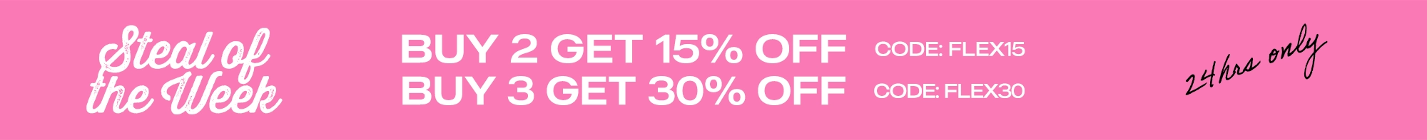 Promotional text on a pink background with discount codes.