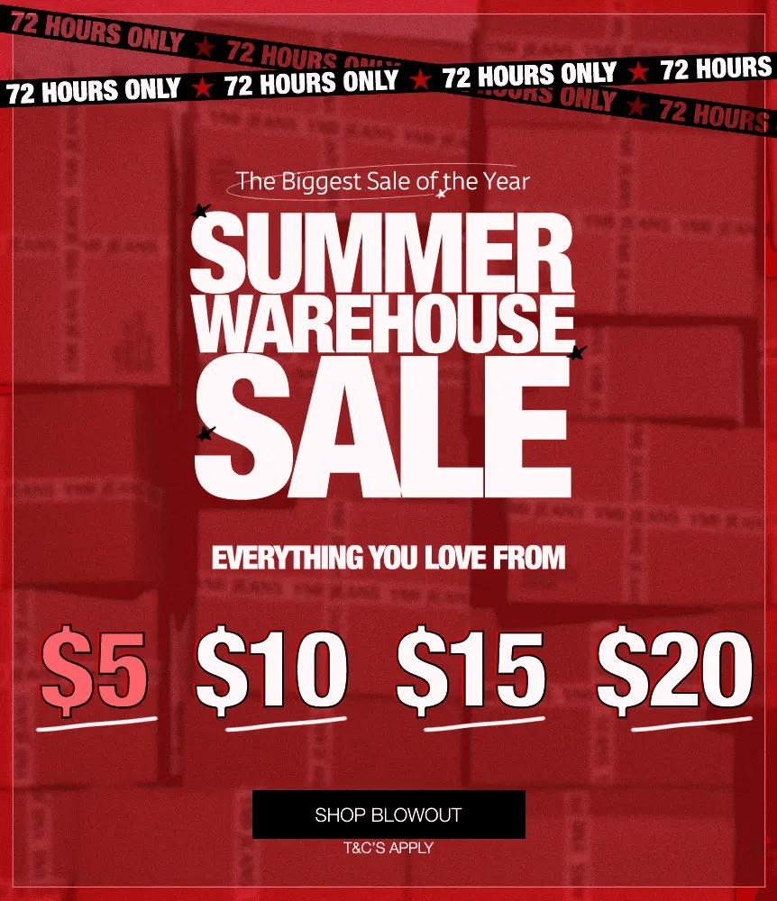 A promotional sale graphic with a red background, large white text reading 'SUMMER WAREHOUSE SALE,' smaller text 'The Biggest Sale of the Year,' price callouts '$5', '$10', and '$15,' and a black banner at the bottom that says 'SHOP BLOWOUT' and 'T&C'S APPLY.'.