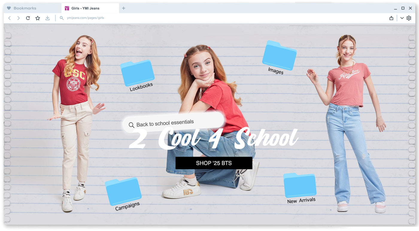 Promotional banner for back-to-school clothing with a girl in a red shirt and jeans, featuring text and graphics.