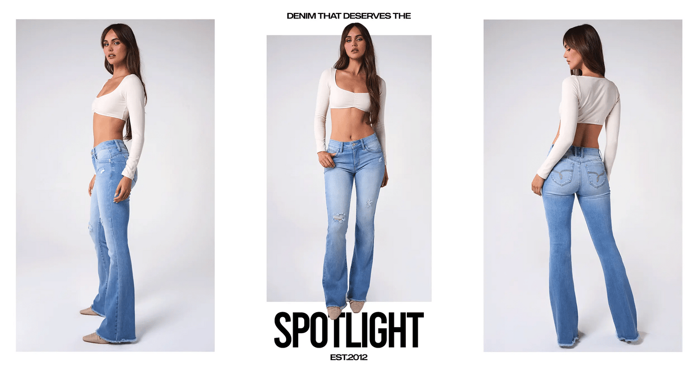 Woman modeling light blue jeans from different angles with 'Spotlight' branding.