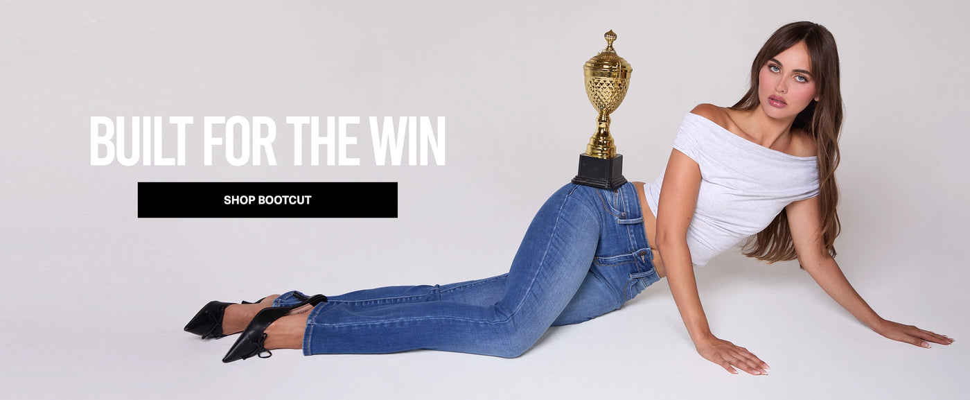 Woman in denim overalls with a trophy, leaning against a white background with promotional text.