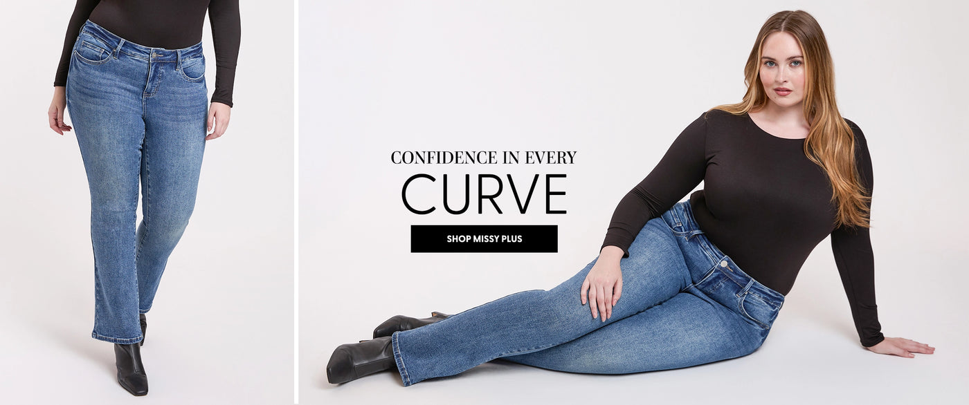 Woman wearing jeans and a black top with promotional text on a white background