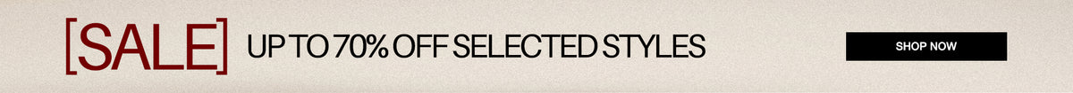 Promotional banner with the text '[SALE] UP TO 70% OFF SELECTED STYLES' in white on a black background, plus a black 'SHOP NOW' button in the top right.
