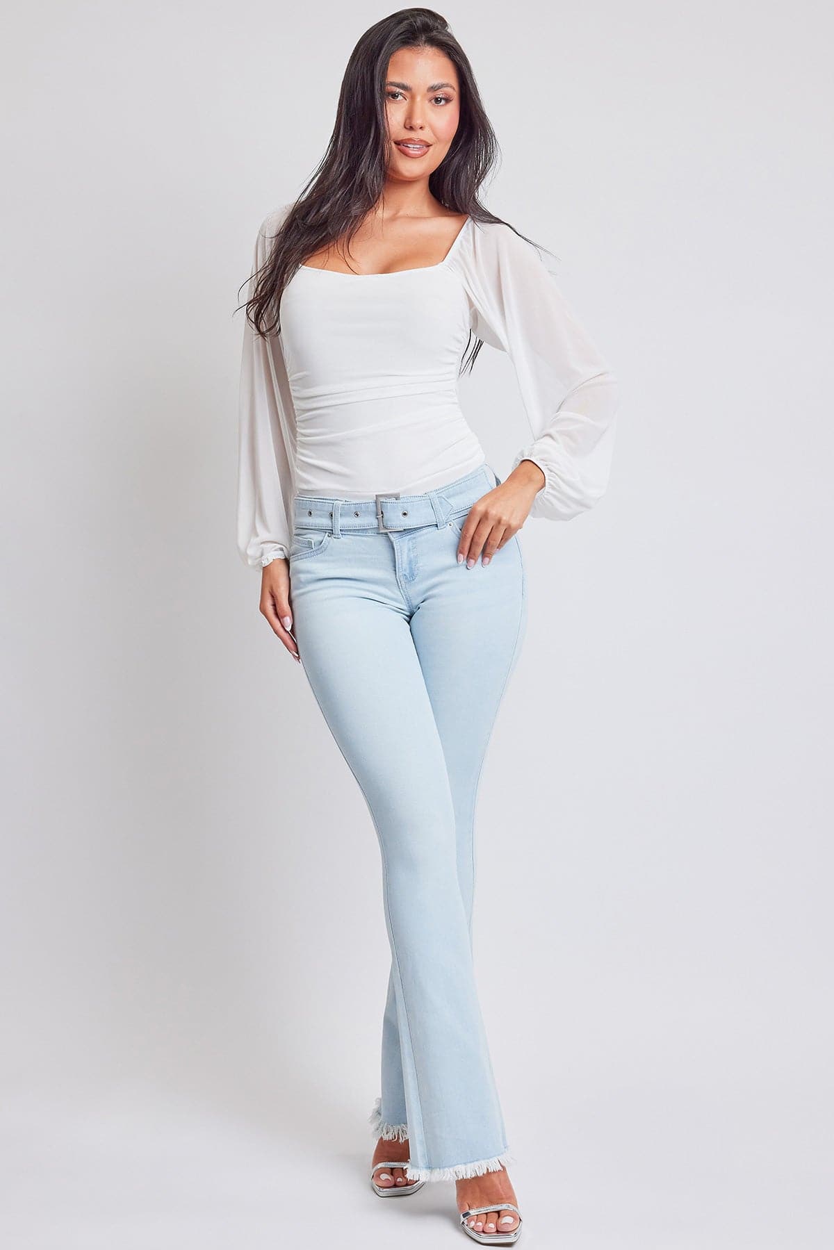 Women's Flare Denim Jeans With Belt Buckle Feature
