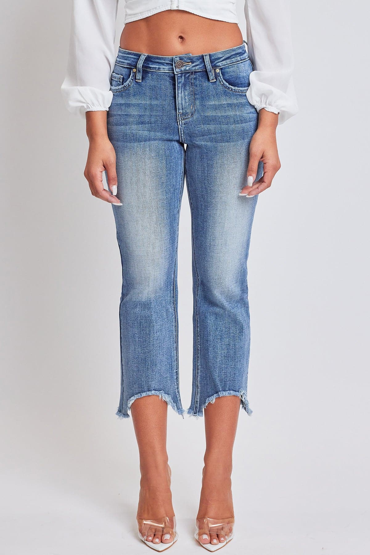 Women´s Mid Rise Kick Flare Fray Hem Cropped Jeans