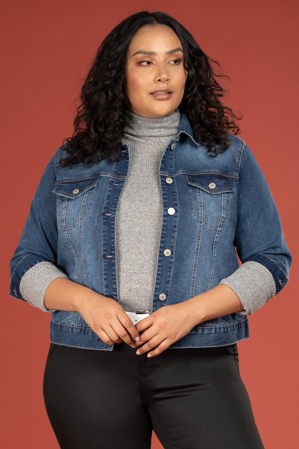 Women Plus Size Cropped Denim Jacket Xj69845