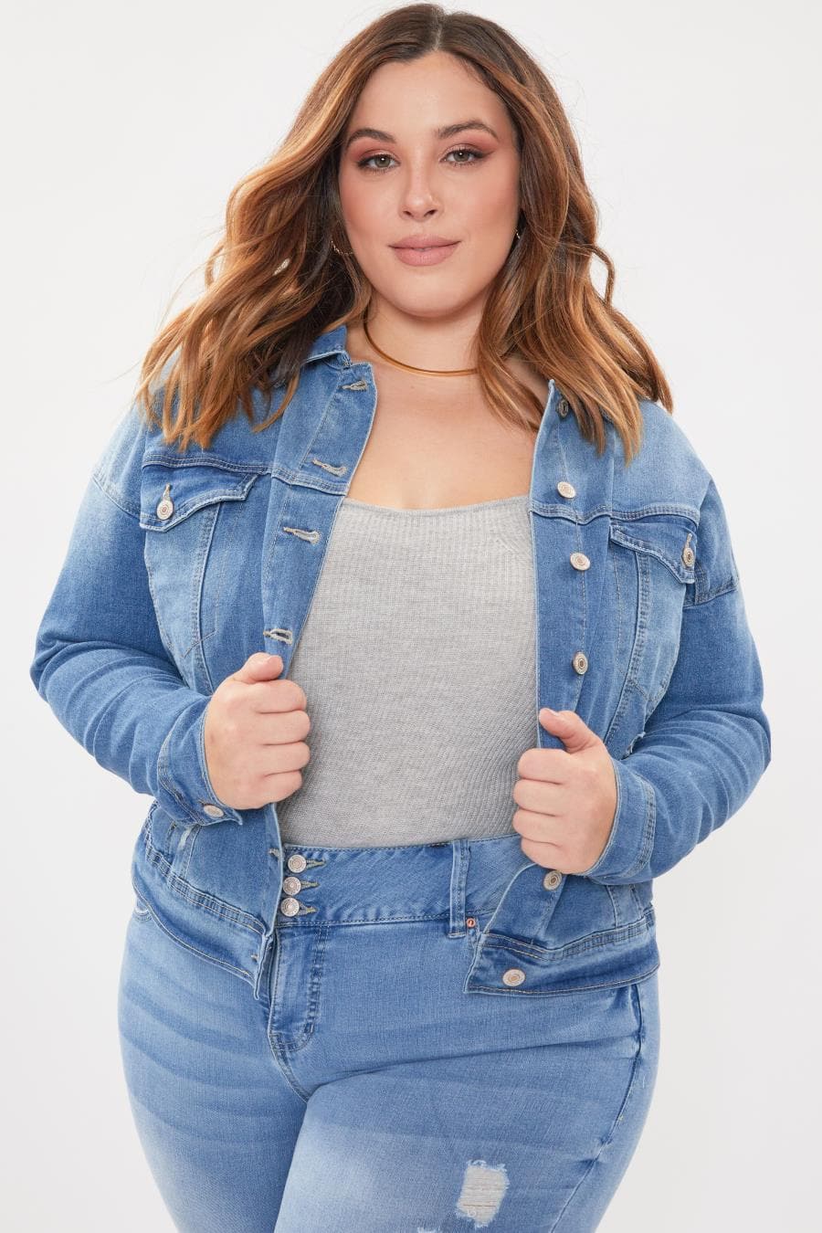 Women Plus Size Drop Shoulder Boyfriend Denim Jacket Xj105055