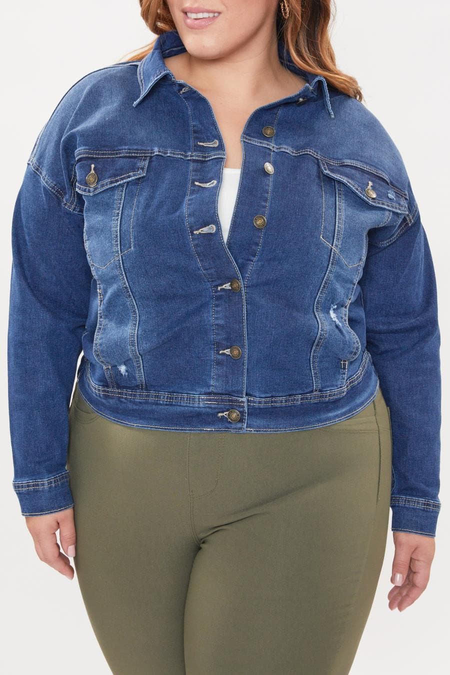 Women Plus Size Drop Shoulder Boyfriend Denim Jacket Xj105055