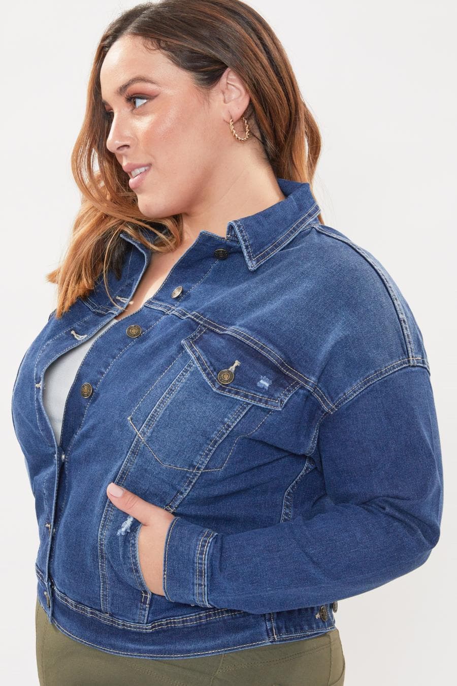 Women Plus Size Drop Shoulder Boyfriend Denim Jacket Xj105055