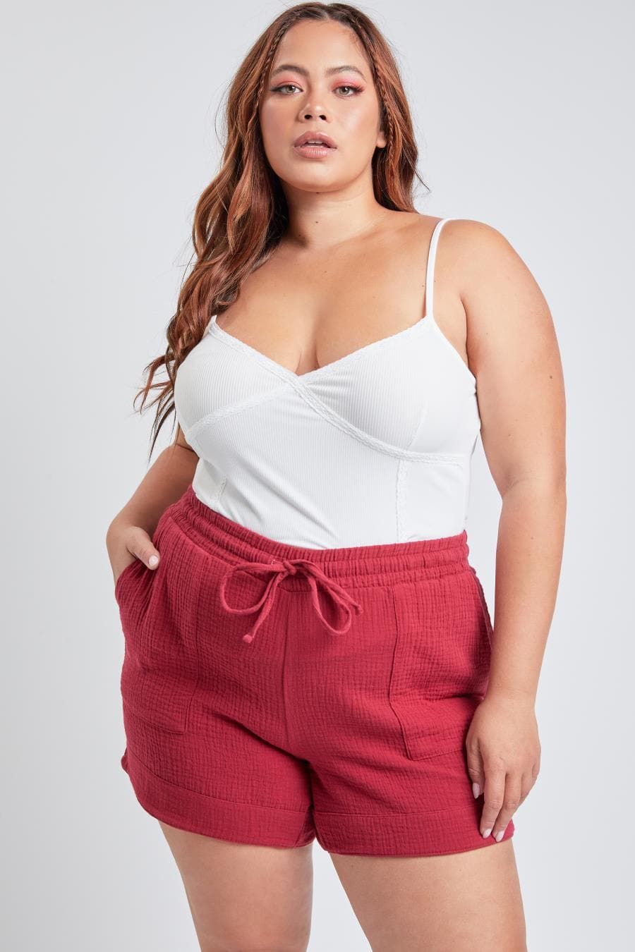 Junior Plus Size Double Gauze Shorts With Banded Hem And Porkchop Pockets Es2729Dg