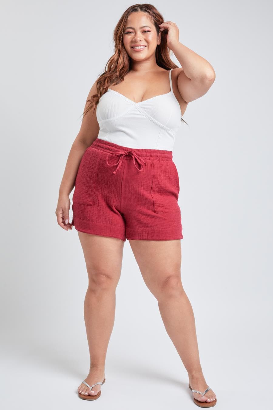 Junior Plus Size Double Gauze Shorts With Banded Hem And Porkchop Pockets Es2729Dg