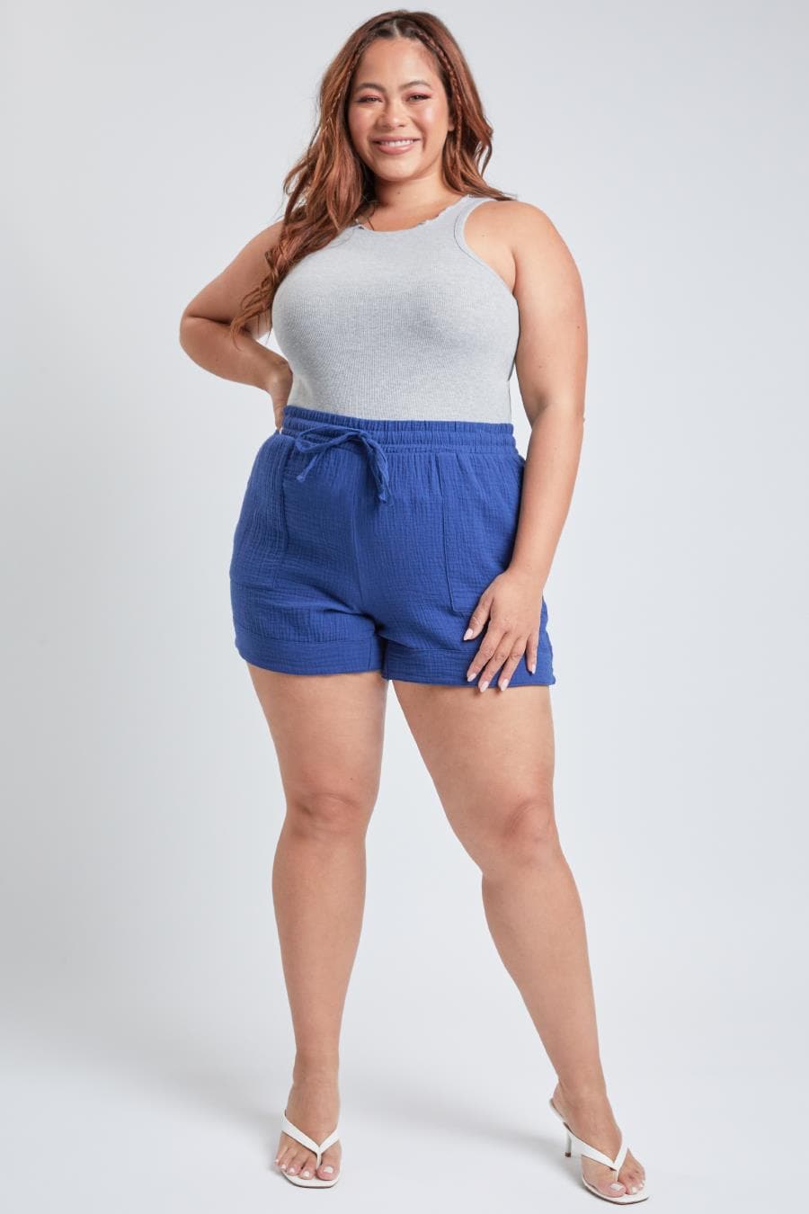 Junior Plus Size Double Gauze Shorts With Banded Hem And Porkchop Pockets Es2729Dg