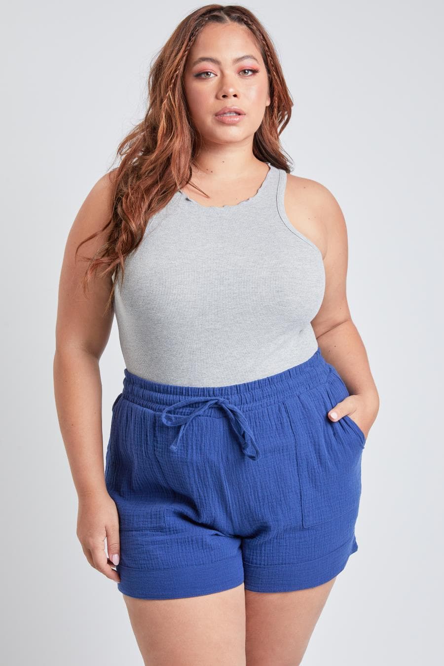 Junior Plus Size Double Gauze Shorts With Banded Hem And Porkchop Pockets Es2729Dg