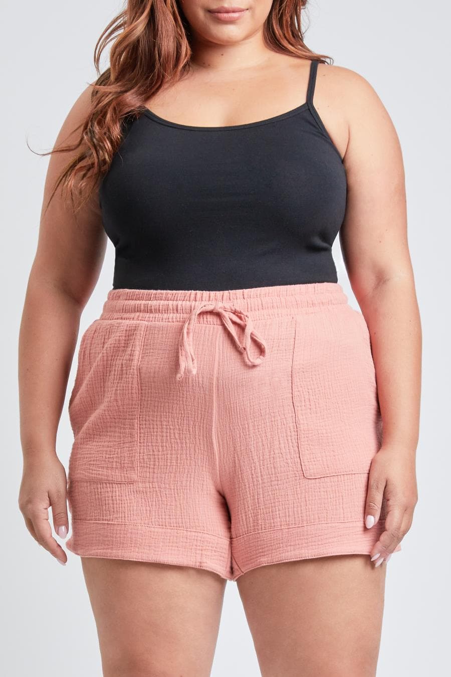 Junior Plus Size Double Gauze Shorts With Banded Hem And Porkchop Pockets Es2729Dg