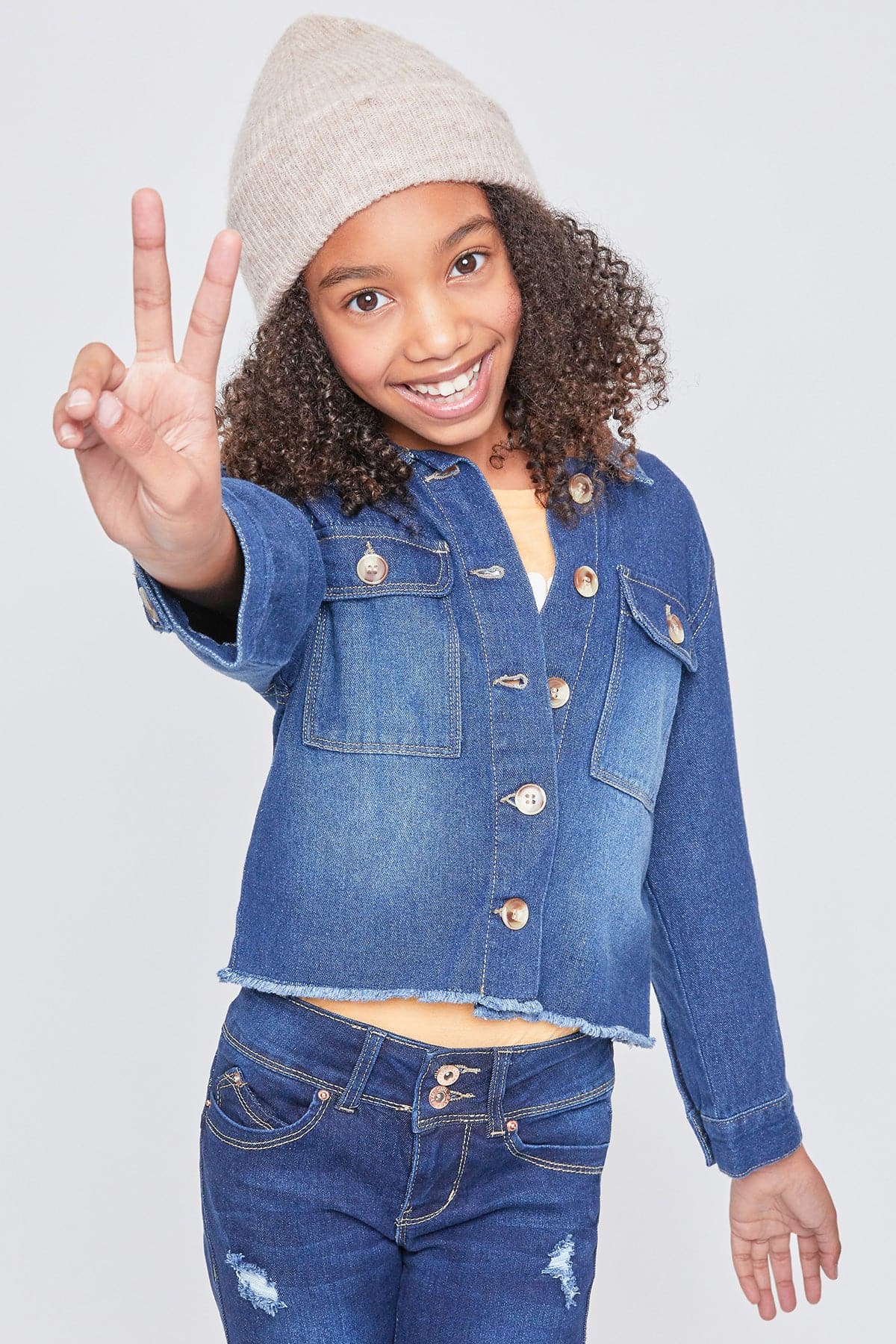 Girls Patch Pocket Oversized Denim Jacket With Fray Hem