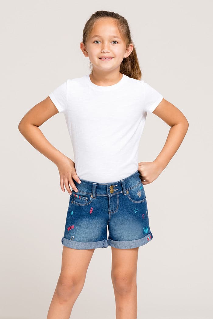 Kids Cuffed Shorts With Words And Embroidery Gs58994