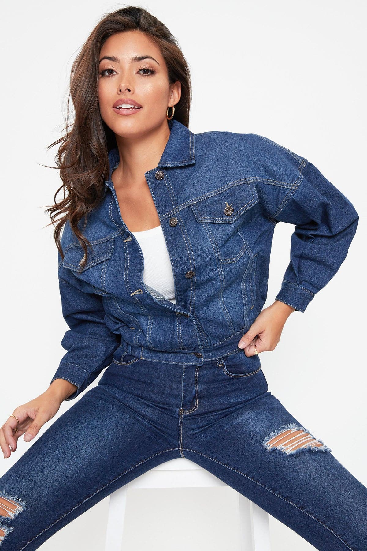 Juniors 80S Style Denim Jacket With Elastic Hem J107776