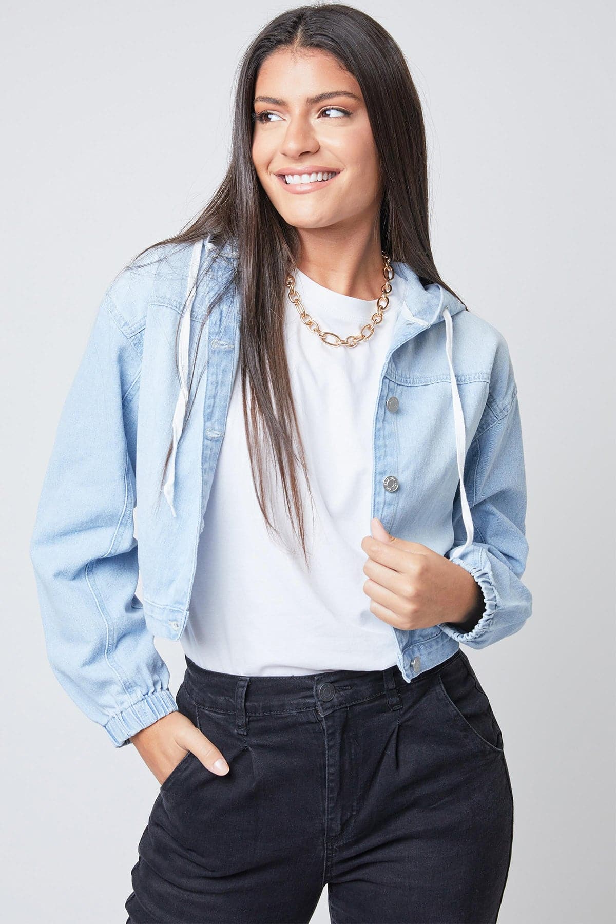 Junior Crop Hooded Denim Jacket J108376