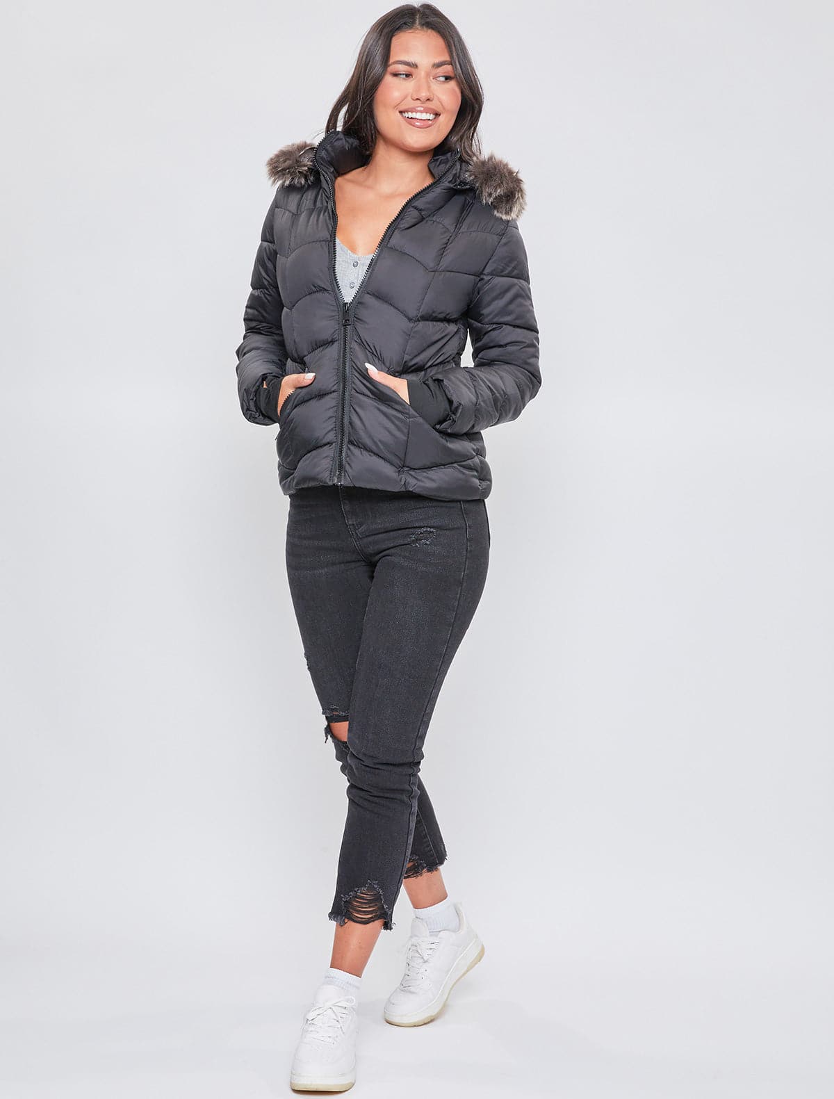 Women's Winter Puffer Jacket With Faux Fur Hoodie