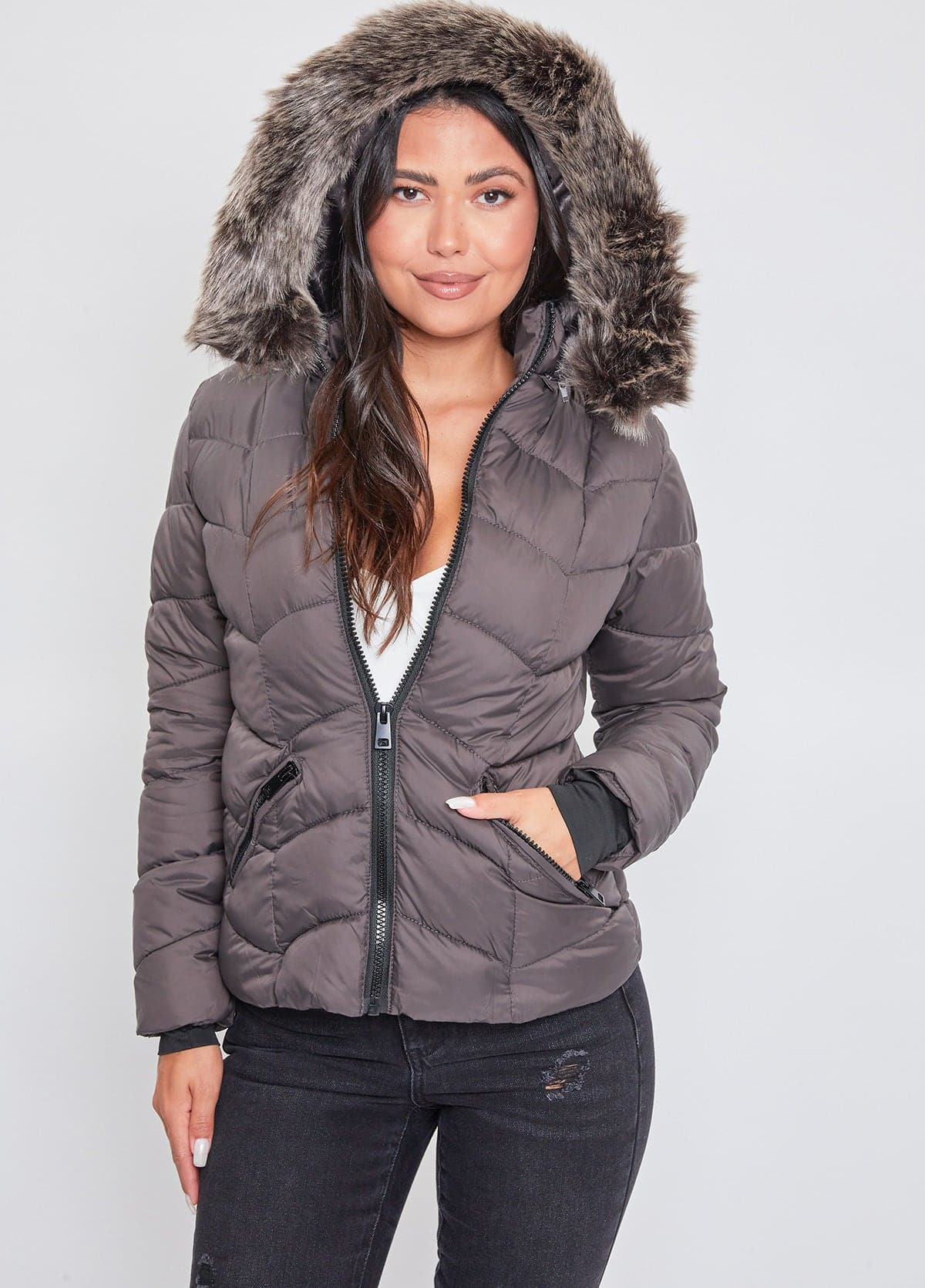 Women's Winter Puffer Jacket With Faux Fur Hoodie