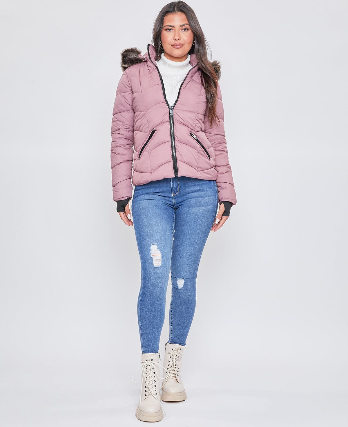 Women's Winter Puffer Jacket With Faux Fur Hoodie