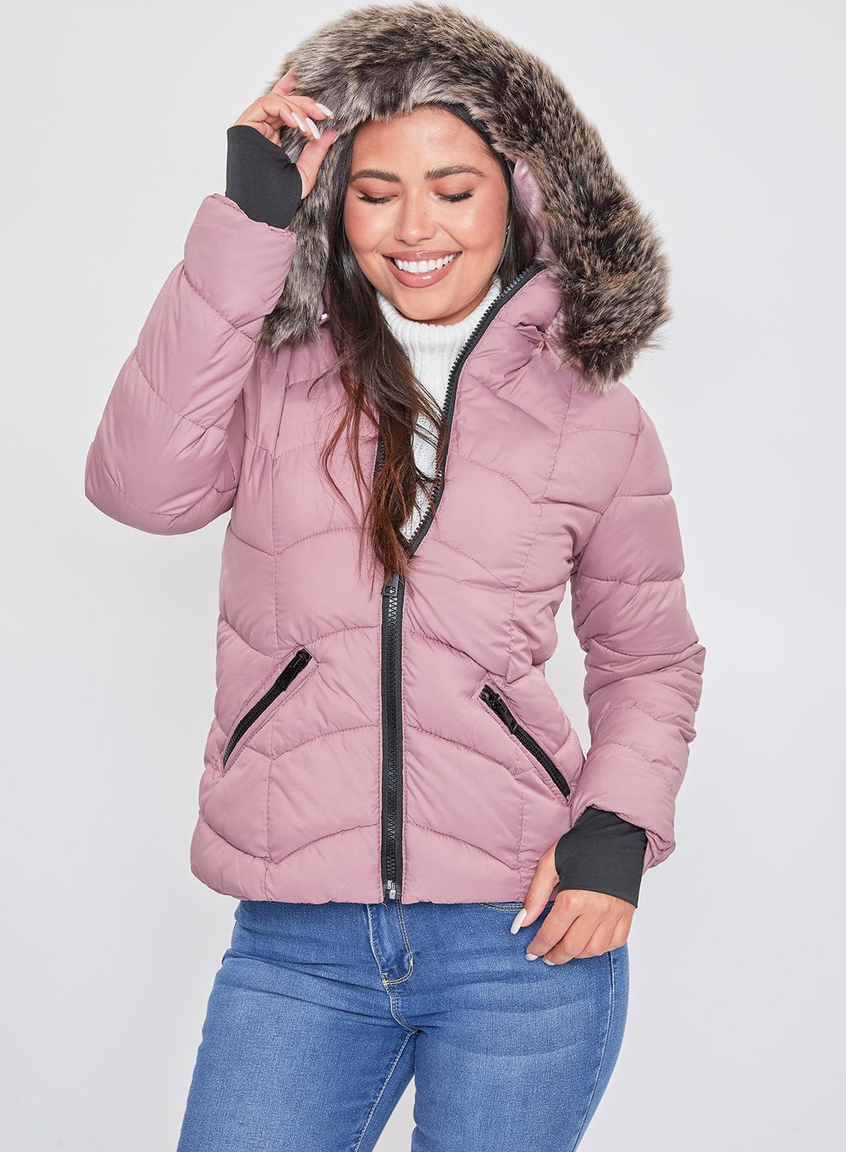 Women's Winter Puffer Jacket With Faux Fur Hoodie