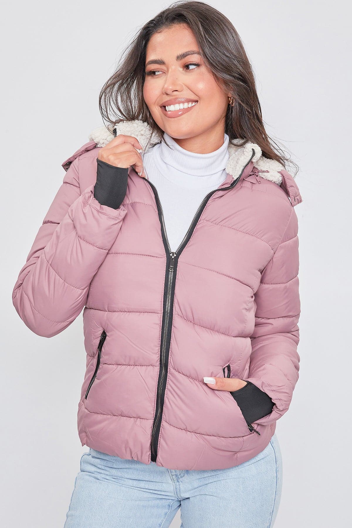 Women's Winter Puffer Jacket With Sherpa Fur Hoodie