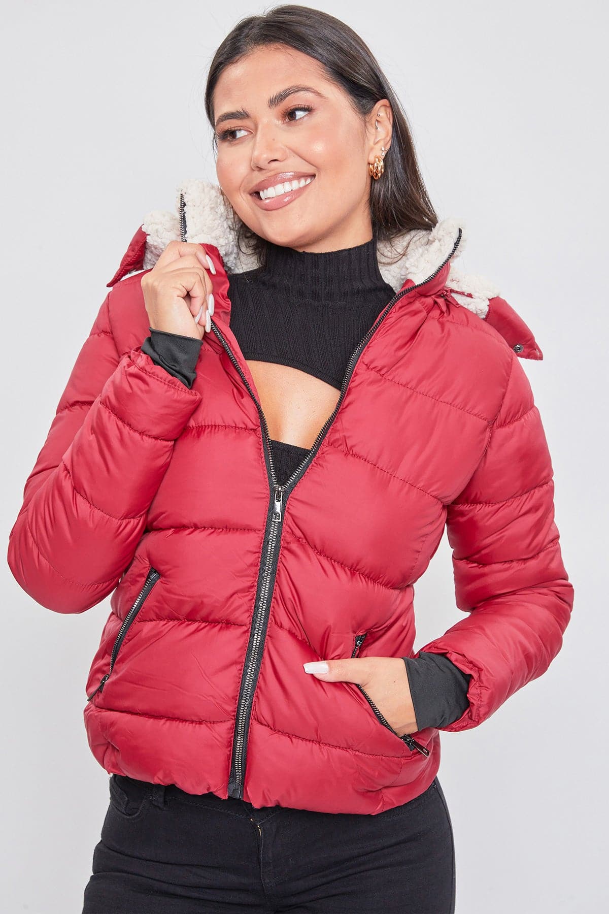 Women's Winter Puffer Jacket With Sherpa Fur Hoodie