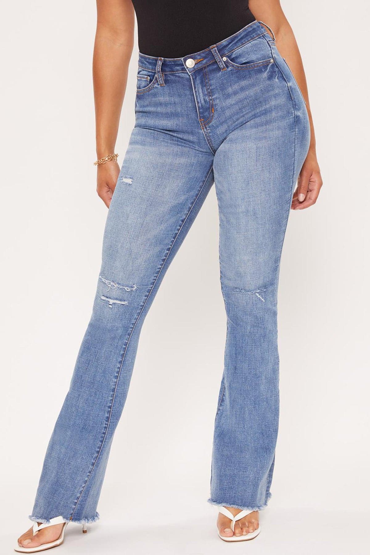 Junior High Rise Flare Jean With Frayed Hem P39243