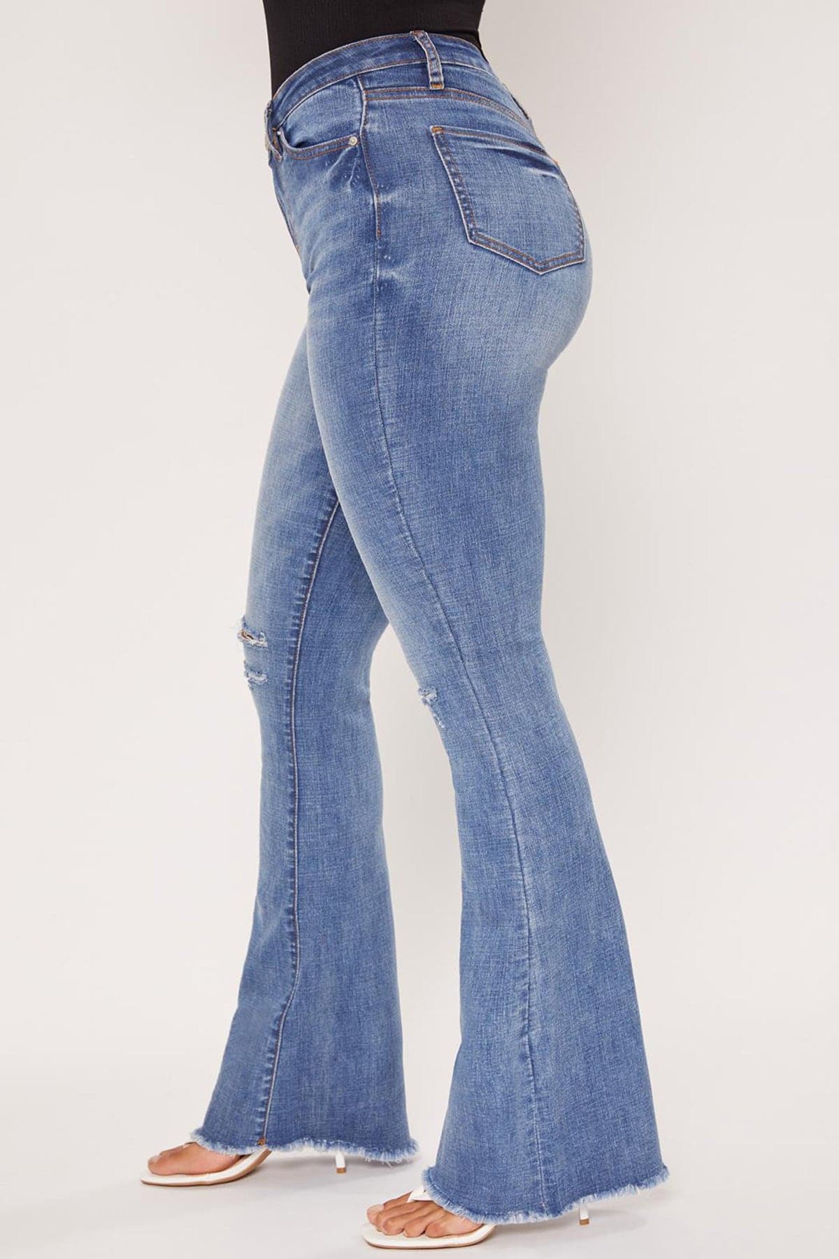 Junior High Rise Flare Jean With Frayed Hem P39243