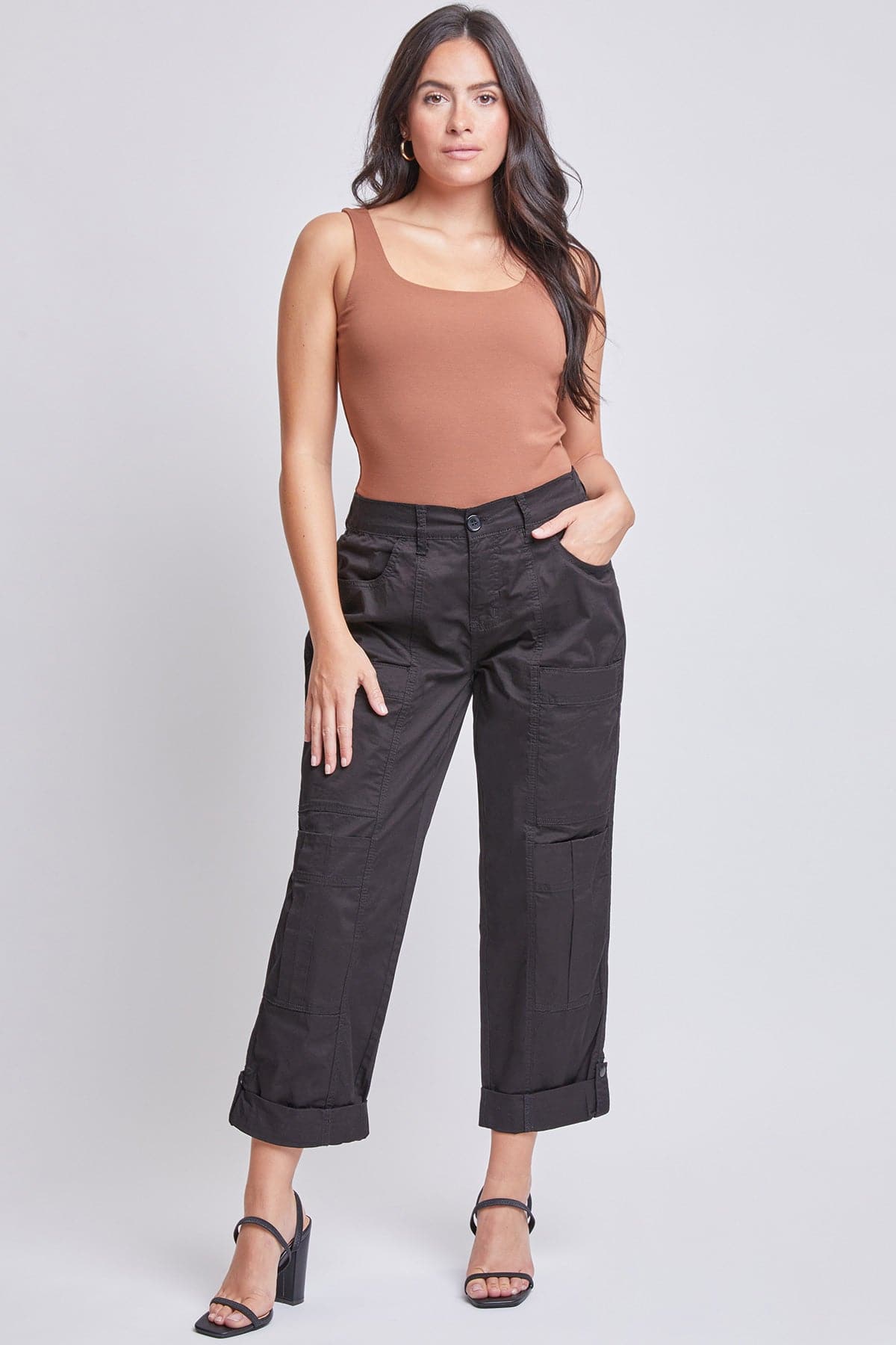 Women's Wide Cargo Pants with Roll Tab Hem