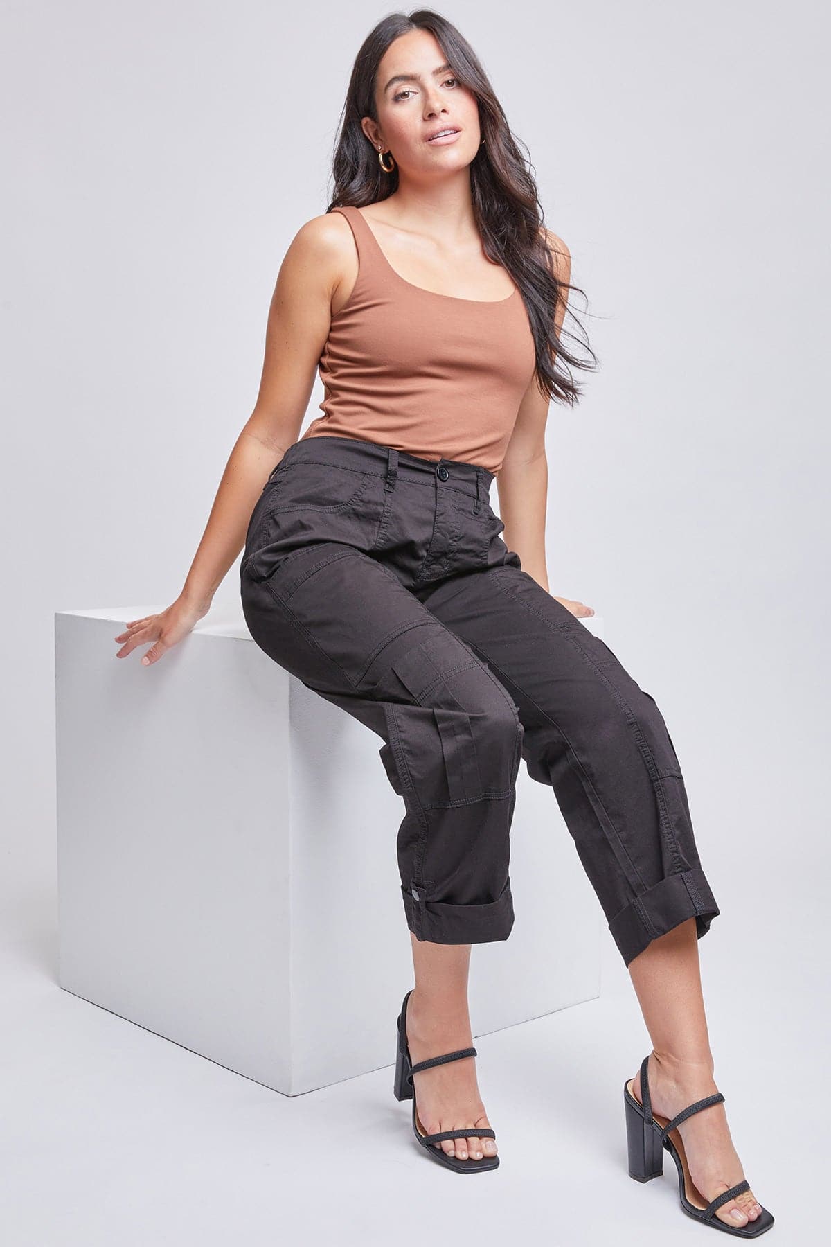 Women's Wide Cargo Pants with Roll Tab Hem