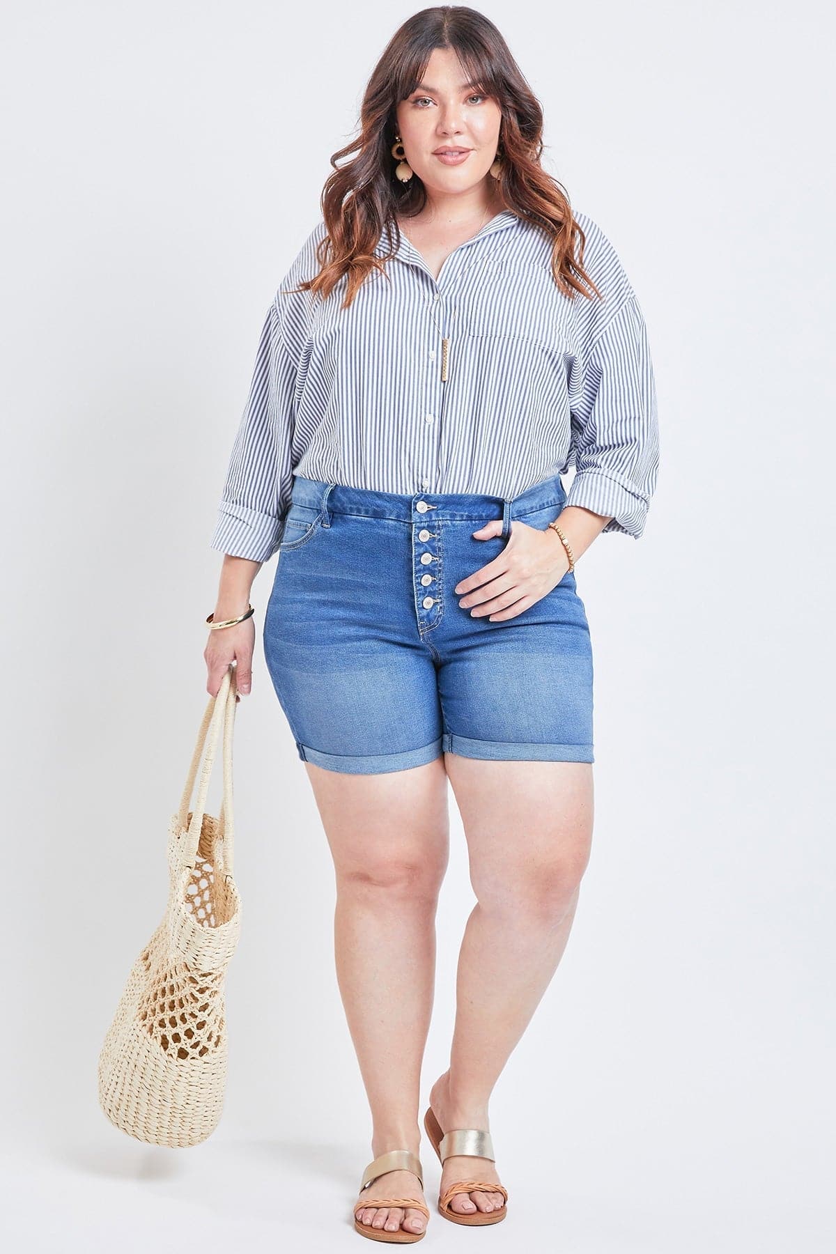 Women's Plus Size Curvy Fit High Rise Button Fly Cuffed Shorts