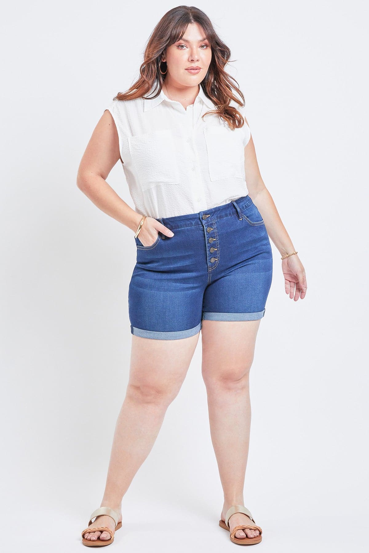 Women's Plus Size Curvy Fit High Rise Button Fly Cuffed Shorts