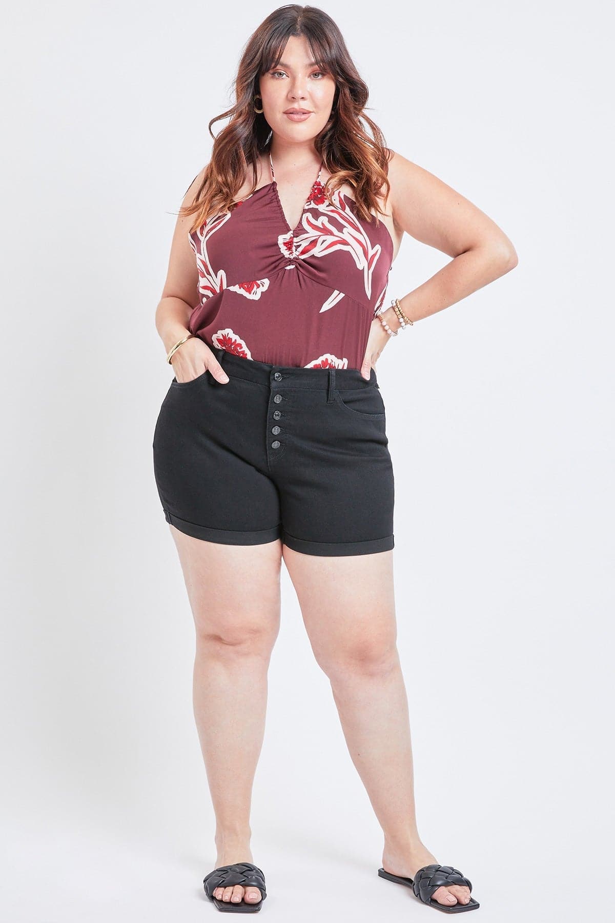 Women's Plus Size Curvy Fit High Rise Button Fly Cuffed Shorts